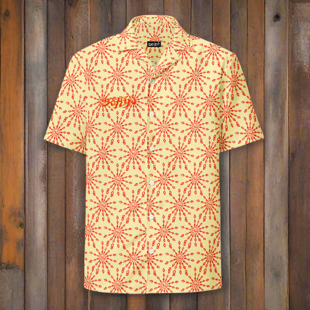 URCHIN 'U FIREWORK'. RED/BANANA Unisex button shirt. Multiple Sizes.