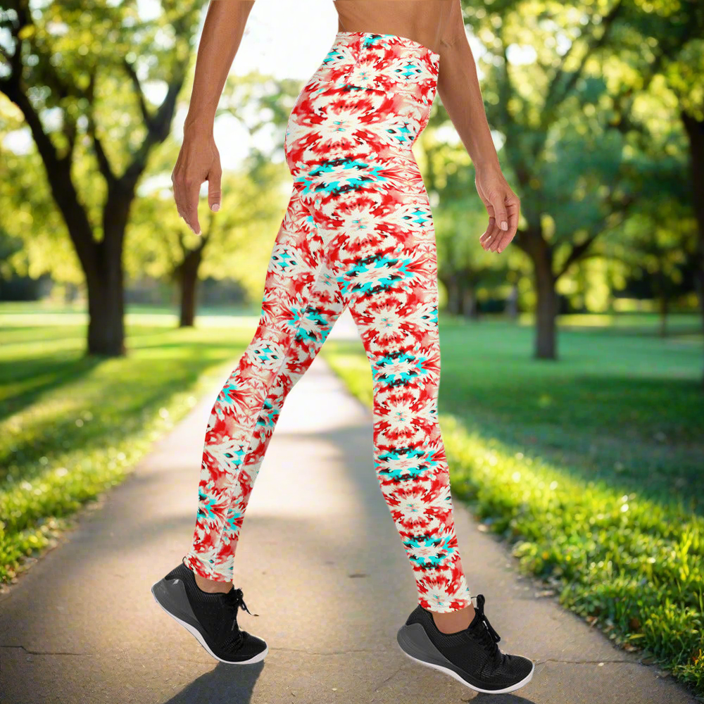 URCHIN Clothes & Sportswear 'CORAL SEA' Red and Blue Tie Dye. Yoga Leggings. Choice of Sizes.