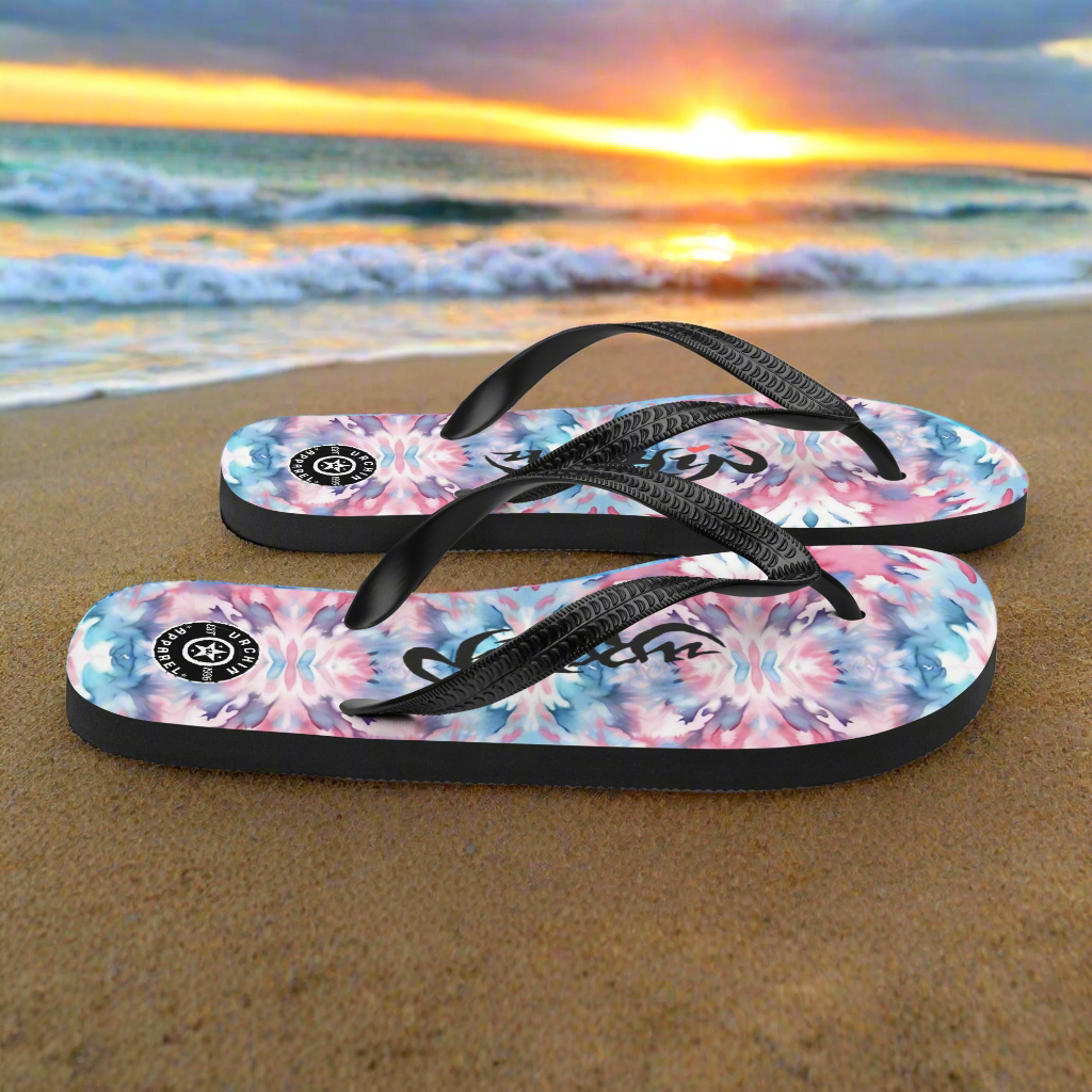 URCHIN Footwear. 'CORAL SEA' Pink & Blue Tie Dye. Unisex Flip-Flops. Choice of Sizes.
