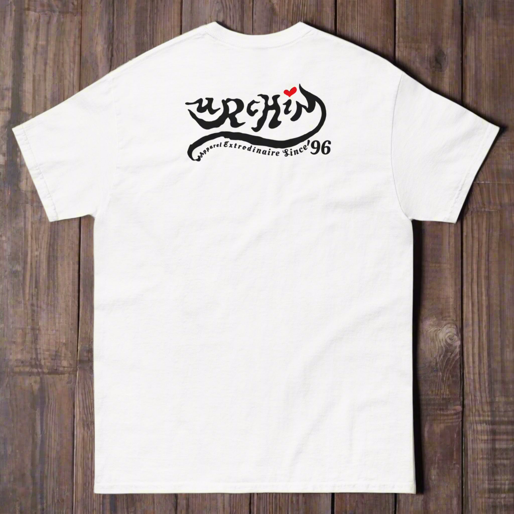 URCHIN Clothes-'U' Original Urchin 1996 Black Logo. Cotton T Shirt. White. Unisex.