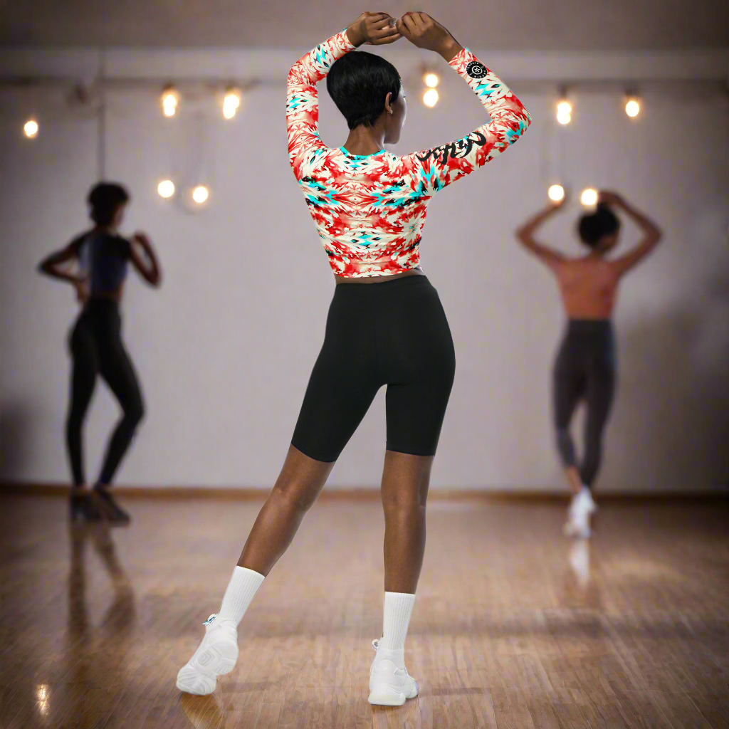 URCHIN Clothes & Sportswear 'CORAL SEA' Red and Blue Tie Dye Womens Recycled Long Sleeve Crop Top. Choice of Sizes.