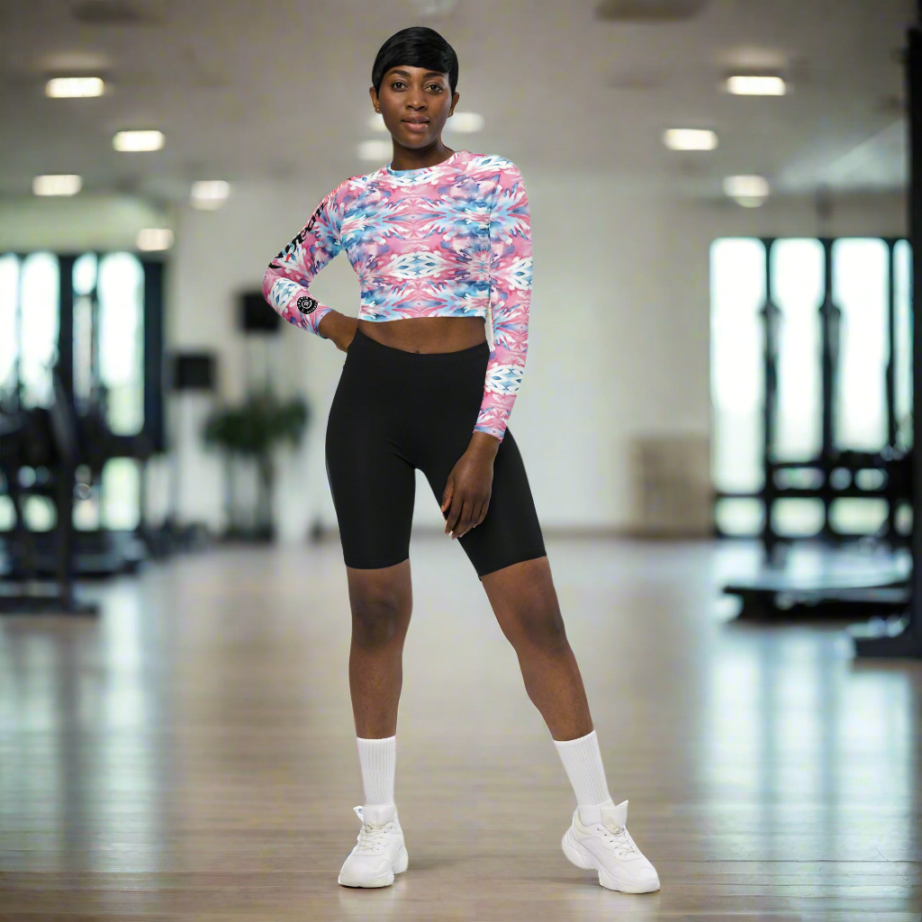 URCHIN Clothes & Sportswear 'CORAL SEA' Pink and Blue Tie Dye. Recycled Long-Sleeve Crop Top. Choice of Sizes.