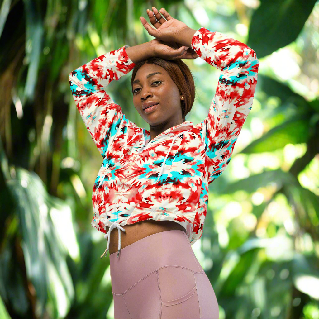 URCHIN Clothes & Sportswear 'CORAL SEA' Red and Blue Tie Dye. Women’s Cropped Windbreaker. Choice of Sizes.