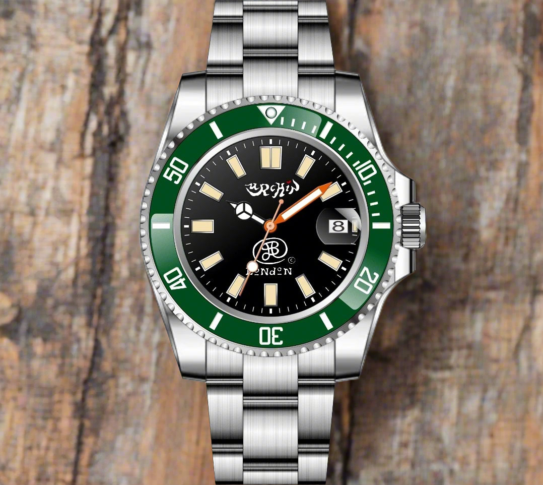 URCHIN Accessories & Watches. 'CRONOGRAPH DIVER' Black & Gold Face. 'Urchin'& 'JSP London' Logo. Green & White Bezel. Steel Body and Strap. *Made to order only.