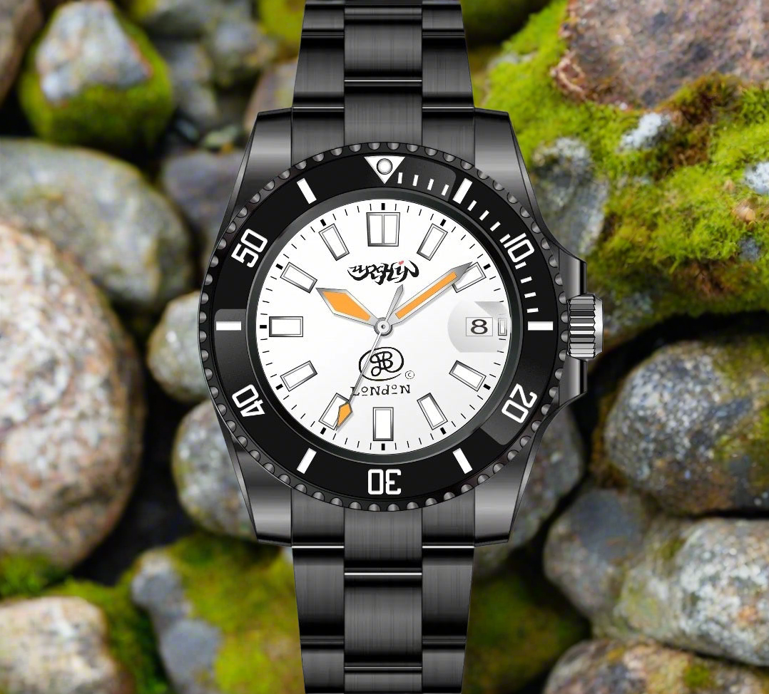 URCHIN Accessories & Watches. 'CRONOGRAPH DIVER' Black & White. 'Urchin' 'JSP London' Logos. Watch. Black Steel Body and Strap. *To Order only