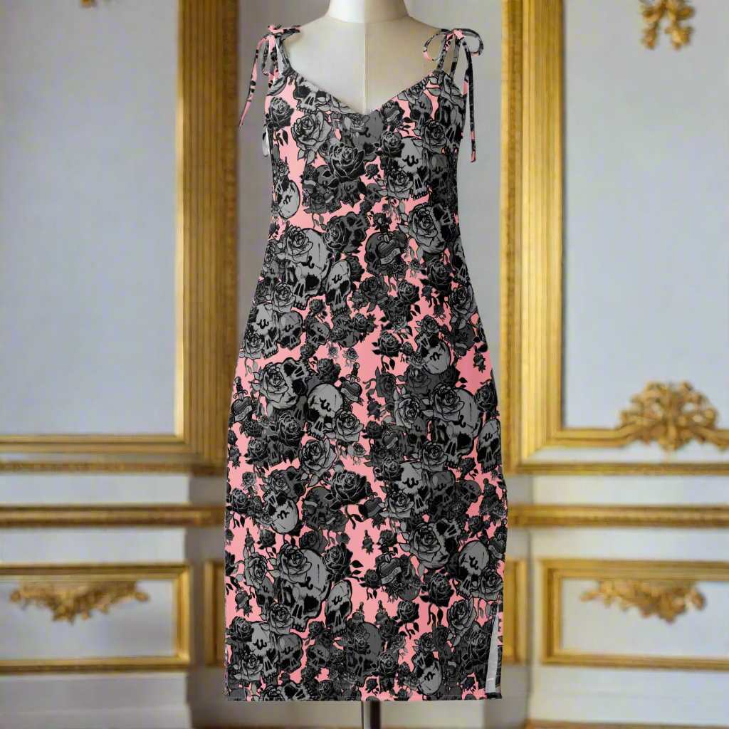 DARK URCHIN-'U Skull Storm' Skulls, Hearts Daggers, & Roses Tattoo Design. Tie-strap midi dress. Colour 'Blush' ( Deep Pink) Choice of Sizes.