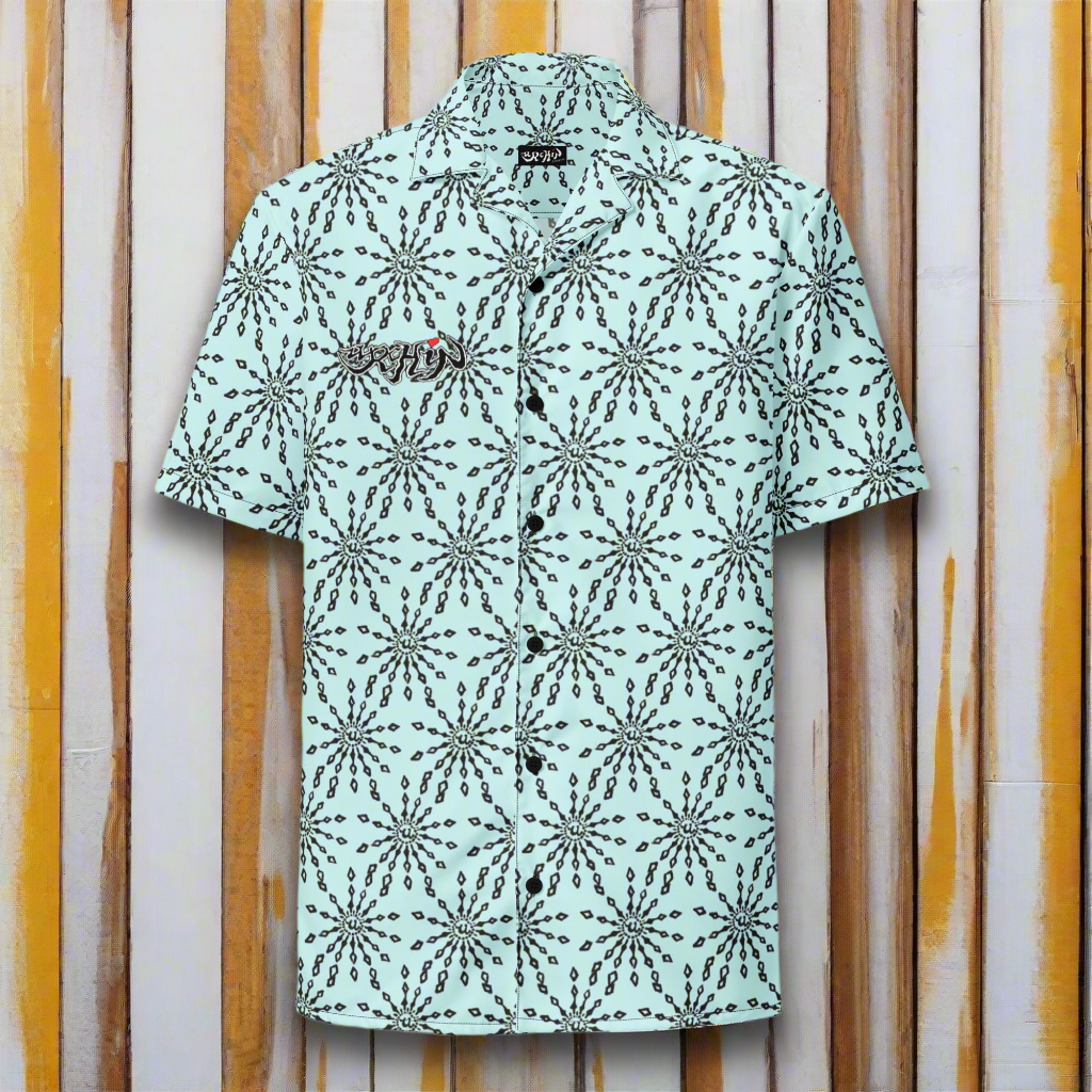 URCHIN 'U FIREWORK'. BLACK/SKY Unisex button shirt. Multiple Sizes.