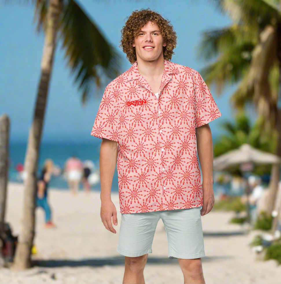 URCHIN 'U FIREWORK'. RED/CORAL Unisex button shirt. Multiple Sizes.