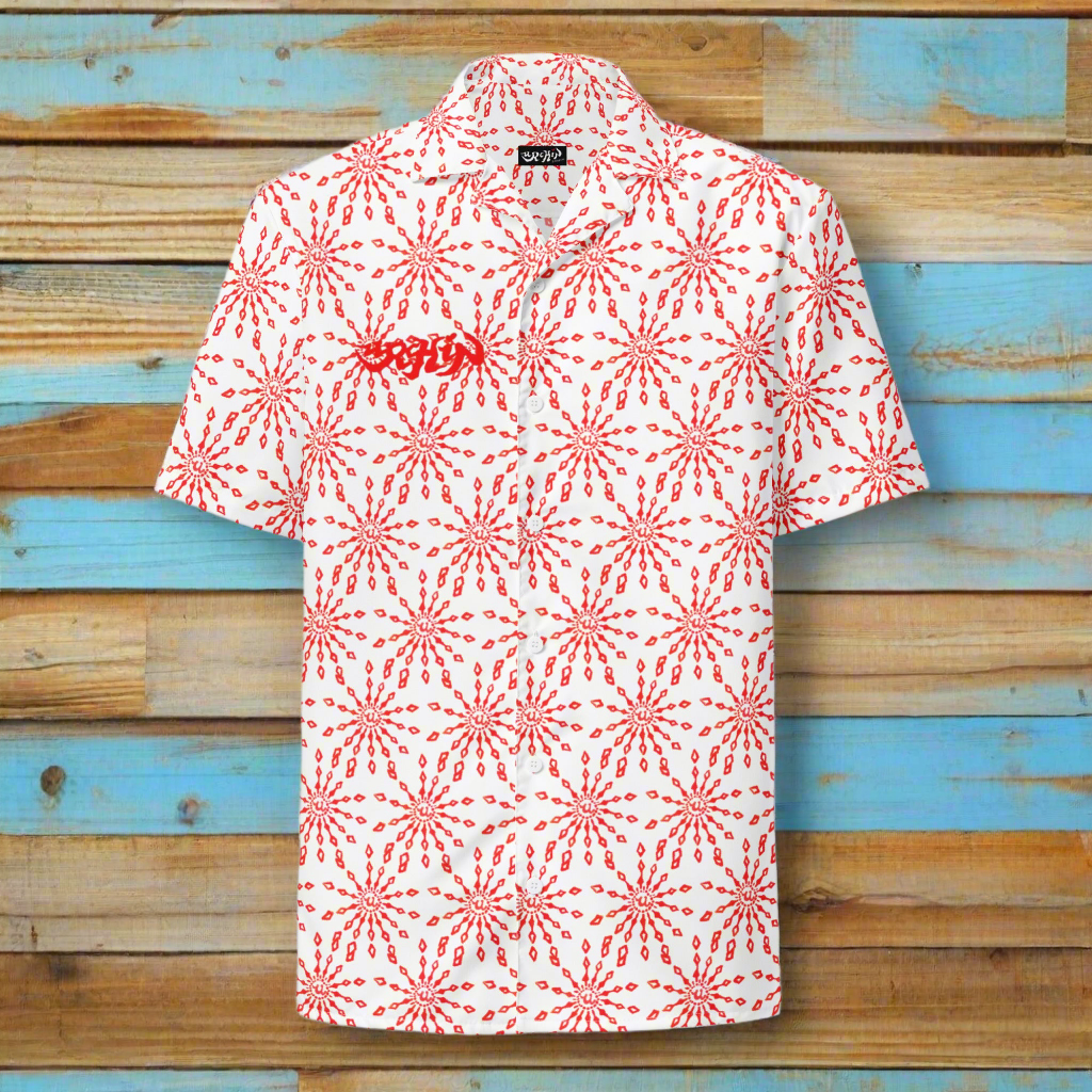 URCHIN 'U FIREWORK'. RED/CLOUD Unisex button shirt. Multiple Sizes.