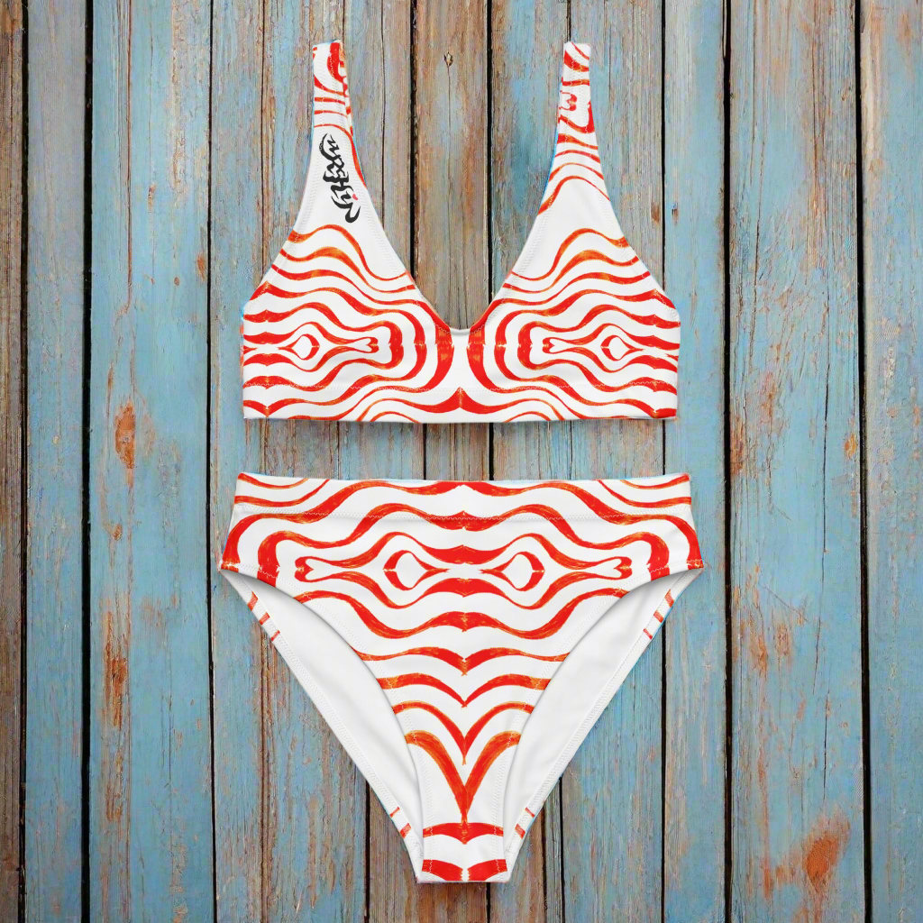 URCHIN Swimwear. 'TATTOO WAVE' Red. Recycled high-waisted bikini. Choice of Sizes.