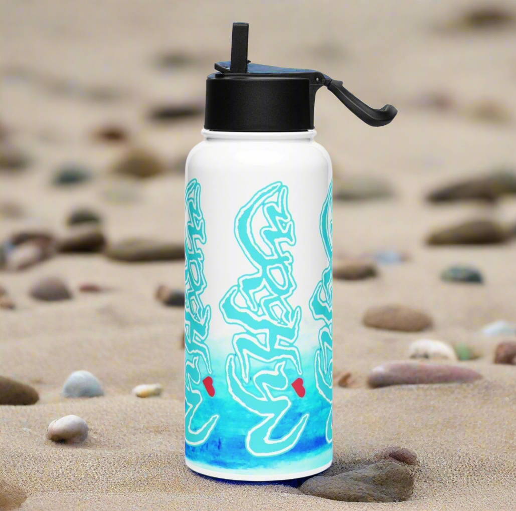 URCHIN Hydration 'Blue Ice' Stainless steel water bottle, with a straw lid.