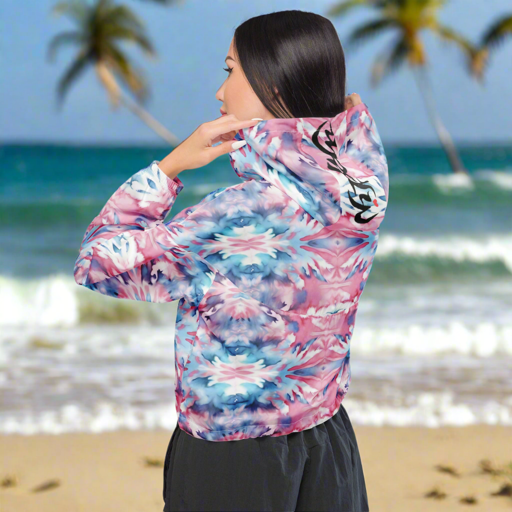 URCHIN Clothes & Sportswear 'CORAL SEA' Pink and Blue Tie Dye. Women’s cropped windbreaker. Choice of Sizes.