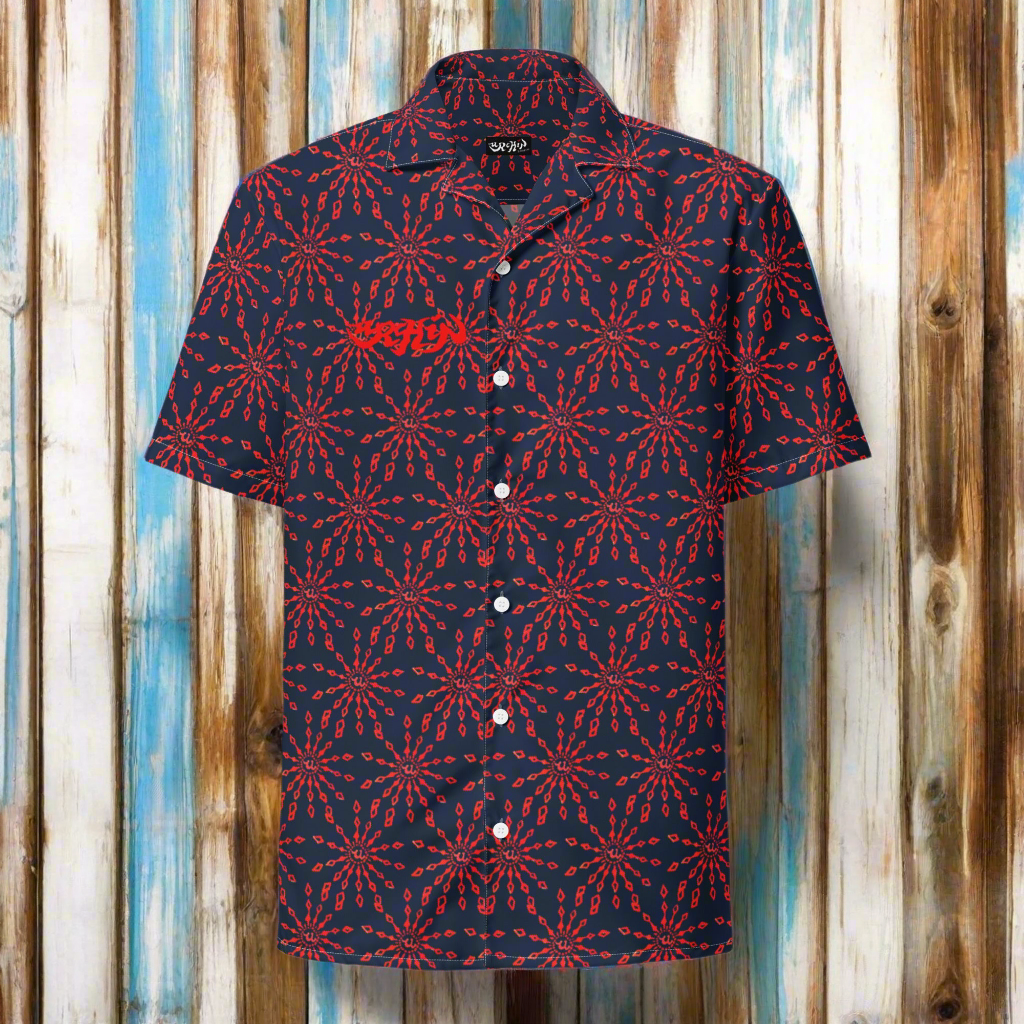 URCHIN 'U FIREWORK'. RED/BLUEBERRY Unisex button shirt. Multiple Sizes.