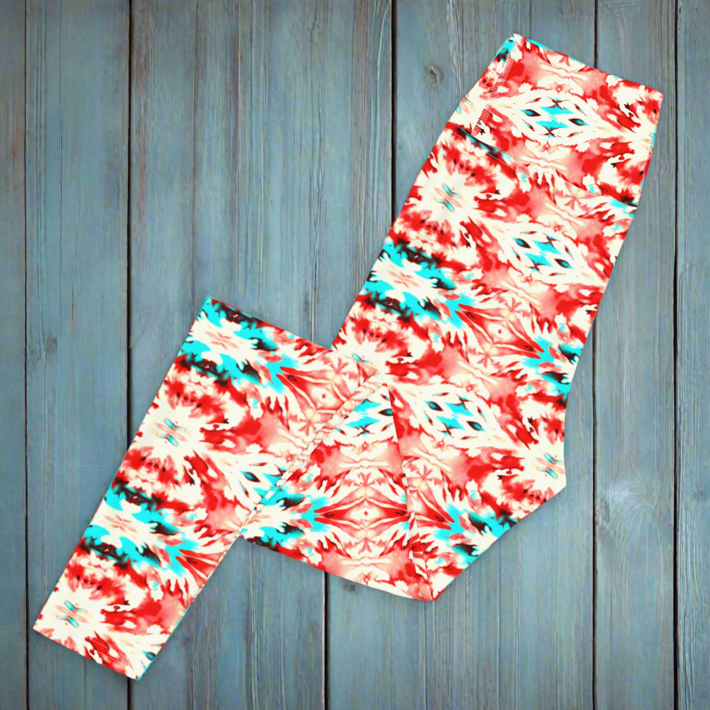URCHIN Clothes & Sportswear 'CORAL SEA' Red and Blue Tie Dye. Yoga Leggings. Choice of Sizes.