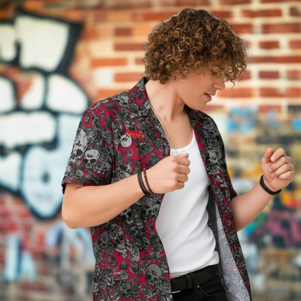 DARK URCHIN-'U Skull Storm' Unisex Shirt. Red Logo. Colour 'Dark Grape' ( Deep Red) Choice of Sizes.