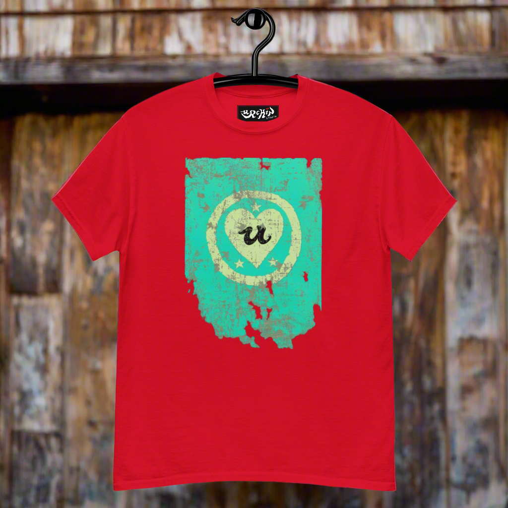 URCHIN Clothes -'LOVE U' Cream on Blue- Old Poster. Cotton T Shirt. Choice of Colours. Unisex.