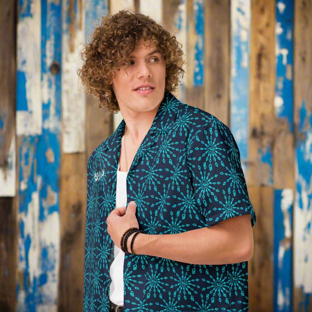 URCHIN 'U FIREWORK'. BLUE/BLUEBERRY Unisex button shirt. Multiple Sizes.