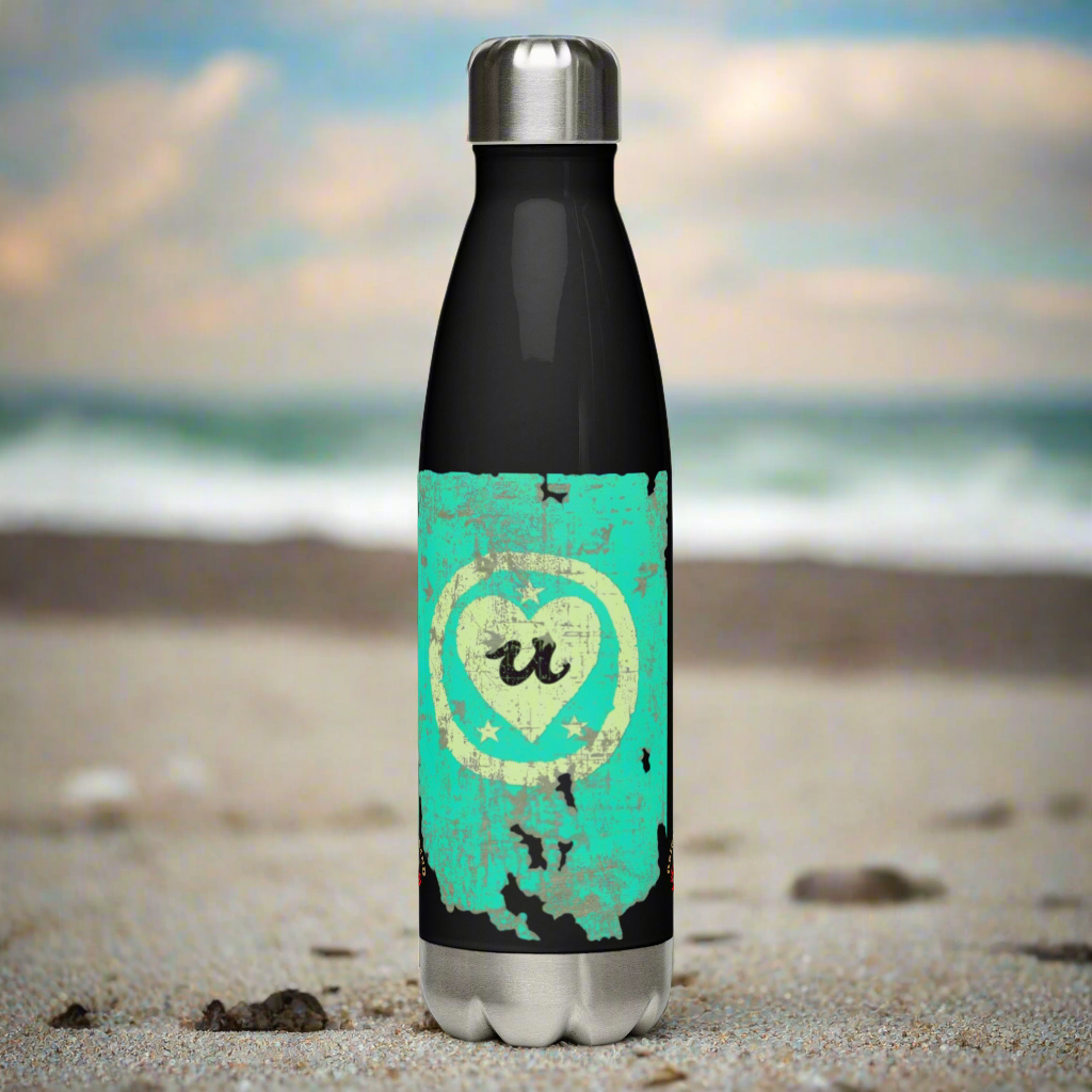 URCHIN Hydration Stainless Steel water bottle. 'U LOVE' Blue/Cream Logo on Black or White option.