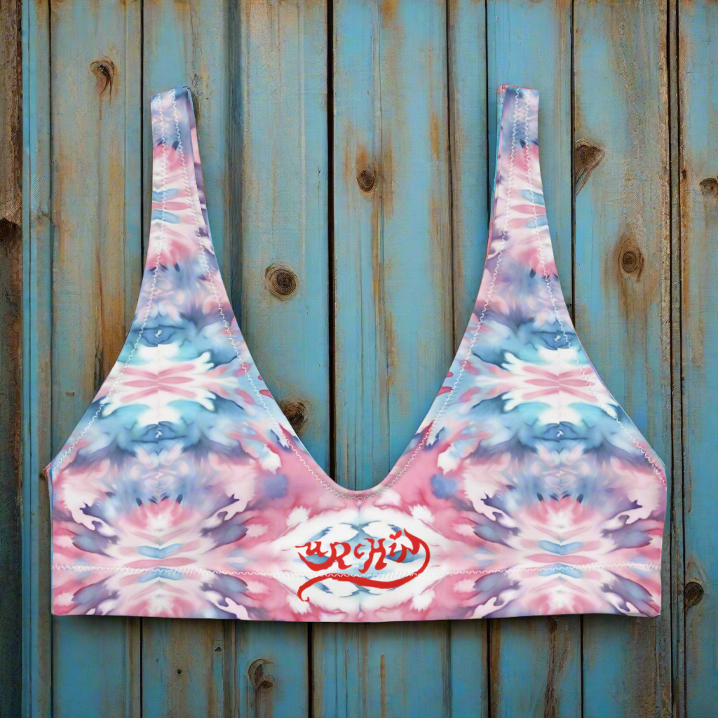 URCHIN-'CORAL SEA' Pink and Blue Tie Dye. Recycled Padded Bikini Top. Choice of Sizes.