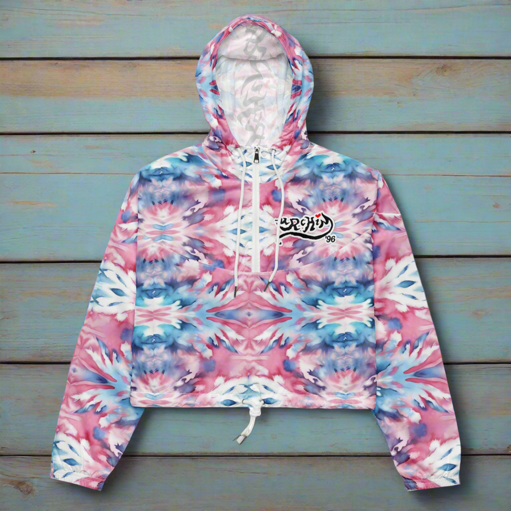 URCHIN Clothes & Sportswear 'CORAL SEA' Pink and Blue Tie Dye. Women’s cropped windbreaker. Choice of Sizes.