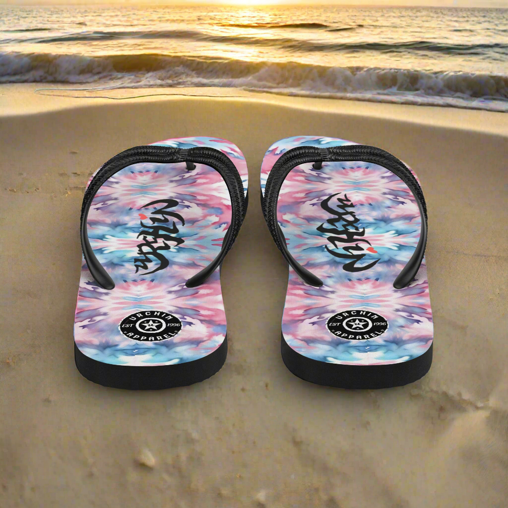 URCHIN Footwear. 'CORAL SEA' Pink & Blue Tie Dye. Unisex Flip-Flops. Choice of Sizes.