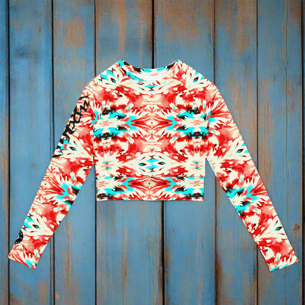 URCHIN Clothes & Sportswear 'CORAL SEA' Red and Blue Tie Dye Womens Recycled Long Sleeve Crop Top. Choice of Sizes.