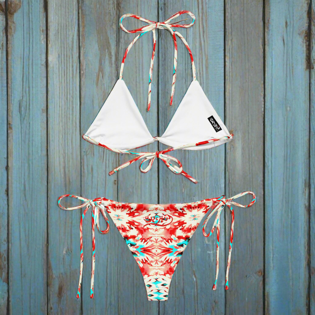 URCHIN Clothes & Swimwear. 'CORAL SEA' Red and Blue Tie Dye. Recycled String Bikini. Choice of Sizes.