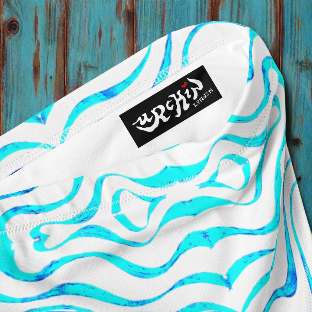 URCHIN Clothes & Swimwear. 'TATTOO WAVE' BLUE. Recycled high-waisted bikini bottom