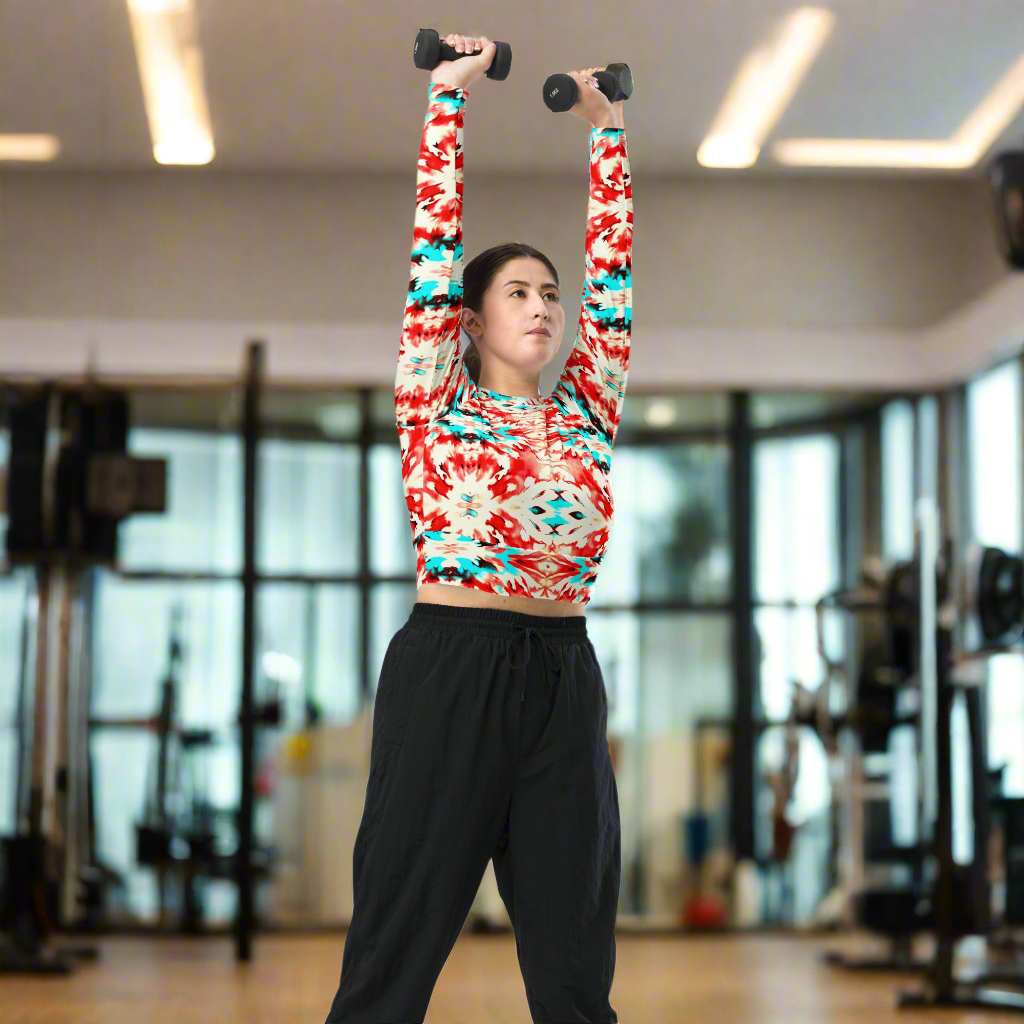 URCHIN Clothes & Sportswear 'CORAL SEA' Red and Blue Tie Dye Womens Recycled Long Sleeve Crop Top. Choice of Sizes.