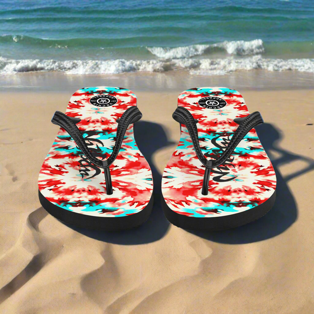 URCHIN Footwear. 'CORAL SEA' Red and Blue Tie Dye. Unisex Flip-Flops. Choice of Sizes.