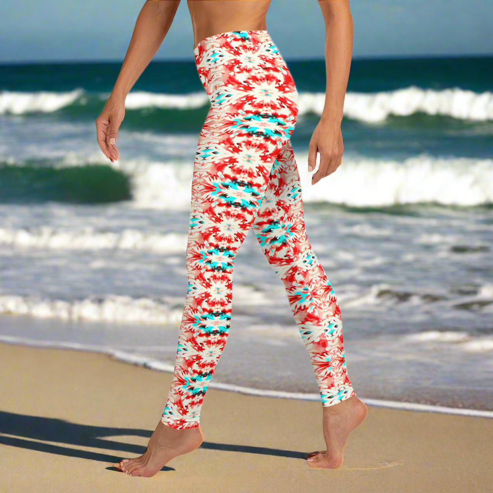 URCHIN Clothes & Sportswear 'CORAL SEA' Red and Blue Tie Dye. Yoga Leggings. Choice of Sizes.