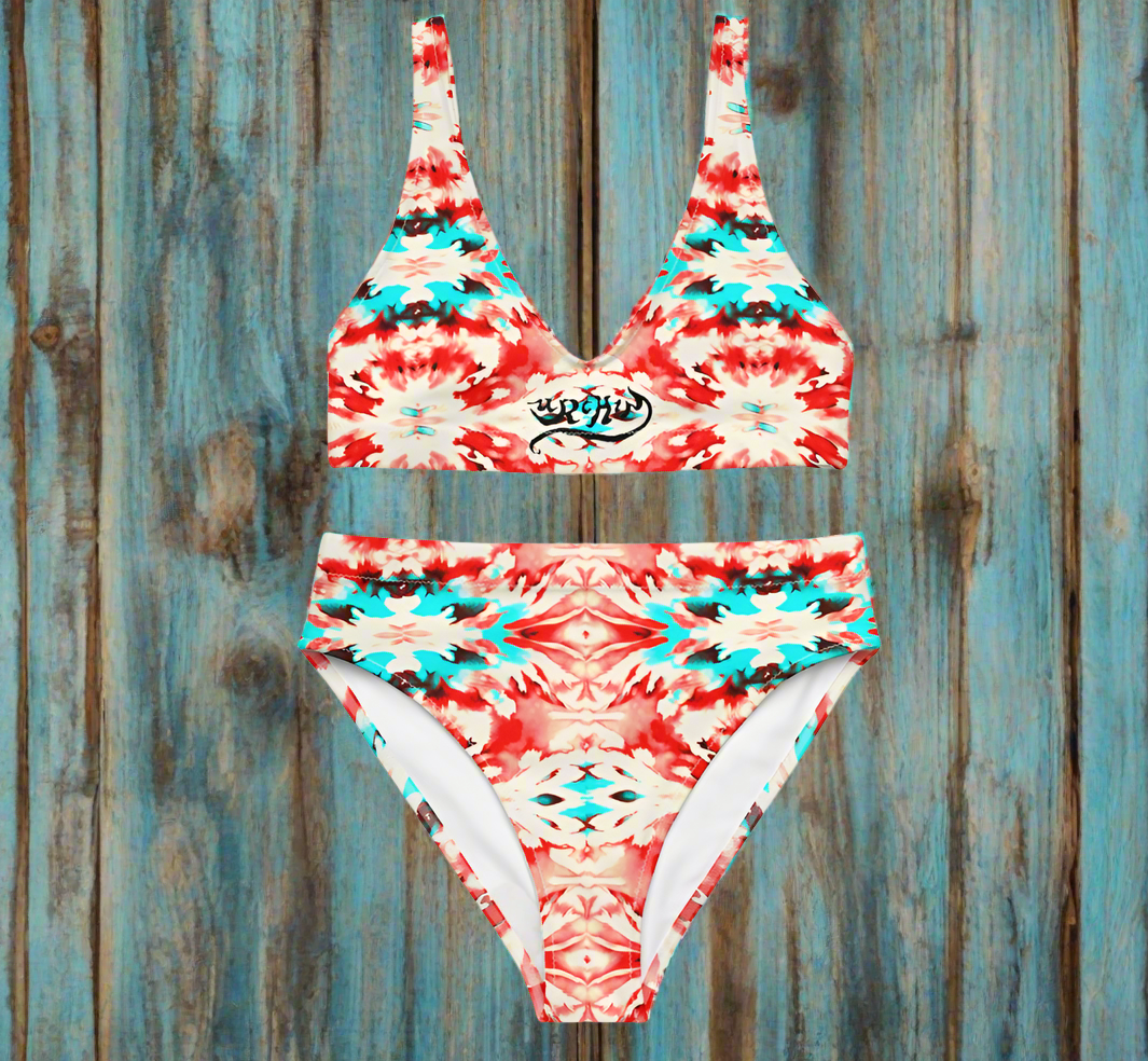 URCHIN Clothes & Swimwear. 'CORAL SEA' Red and Blue Tie Dye. Recycled High Waisted Bikini. Choice of Sizes.