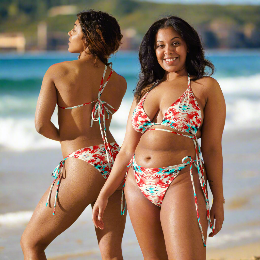 URCHIN Clothes & Swimwear. 'CORAL SEA' Red and Blue Tie Dye. Recycled String Bikini. Choice of Sizes.