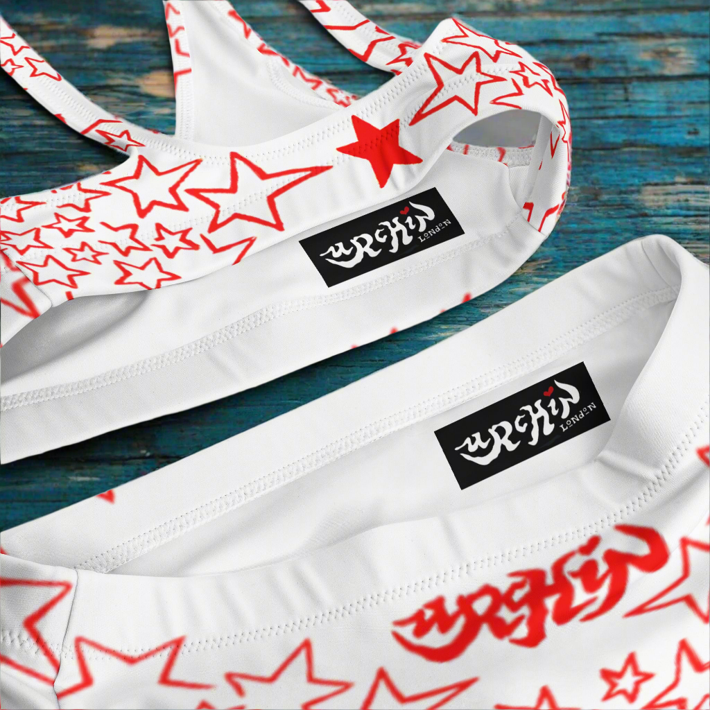 URCHIN Clothes & Swimwear. 'STARS' Red on White. Recycled high-waisted bikini. Choice of Sizes.