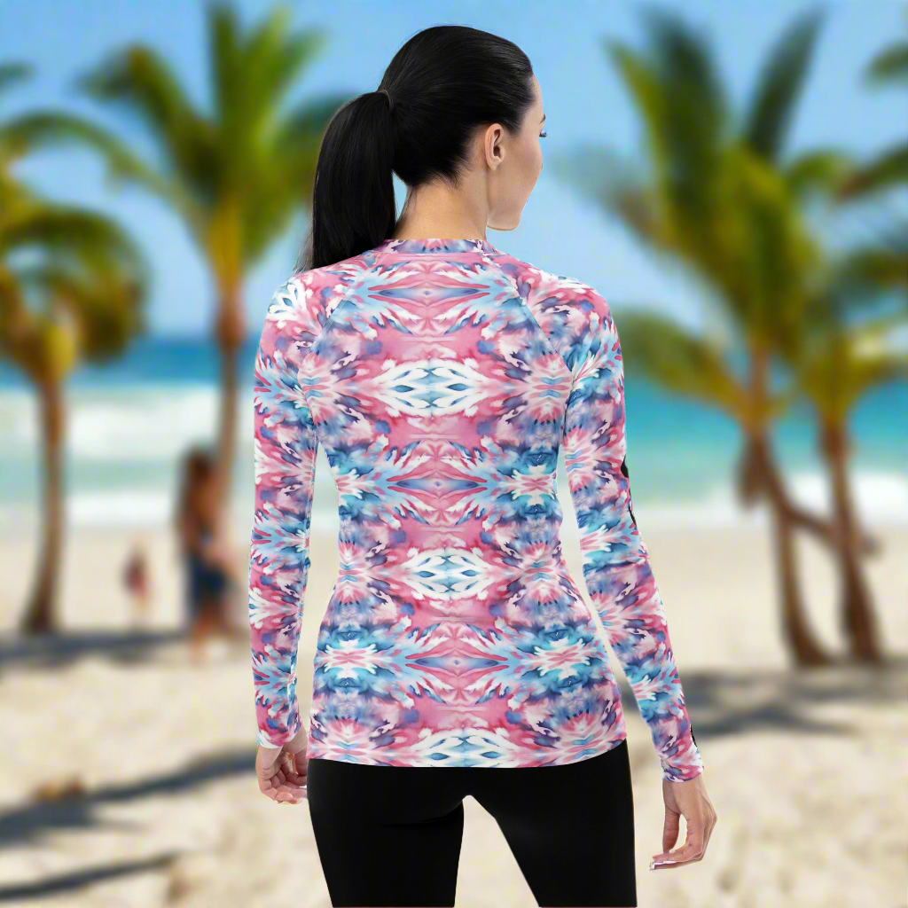 URCHIN Clothes & Swimwear. 'CORAL SEA' Pink and Blue Tie Dye. Womens Rash Guard. Choice of Sizes.