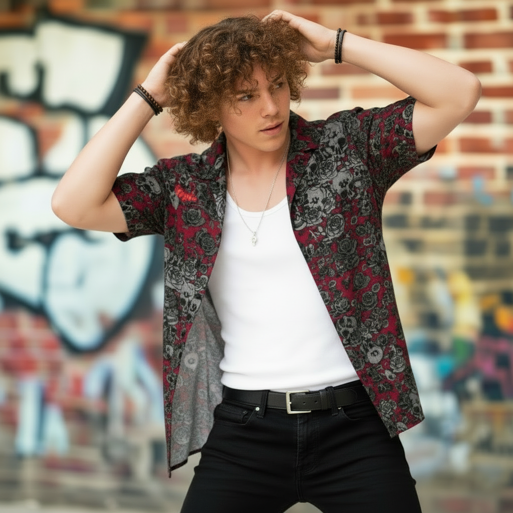 DARK URCHIN-'U Skull Storm' Unisex Shirt. Red Logo. Colour 'Dark Grape' ( Deep Red) Choice of Sizes.