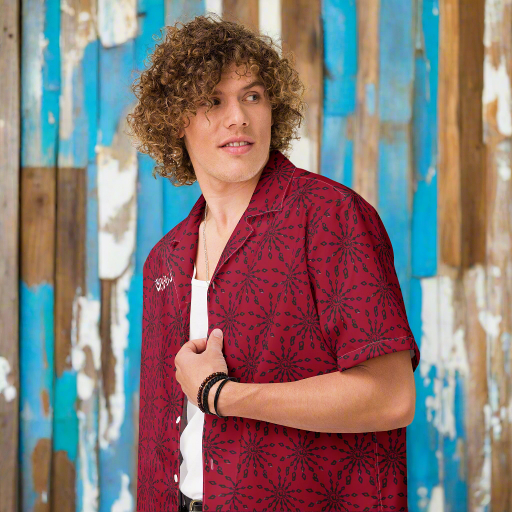 URCHIN 'U FIREWORK'. BLACK/GRAPE Unisex button shirt. Multiple Sizes.