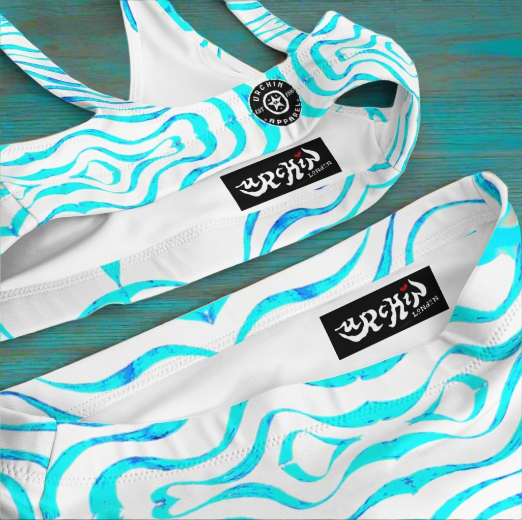 URCHIN Clothes & Swimwear. 'TATTOO WAVE' BLUE. Recycled high-waisted bikini.