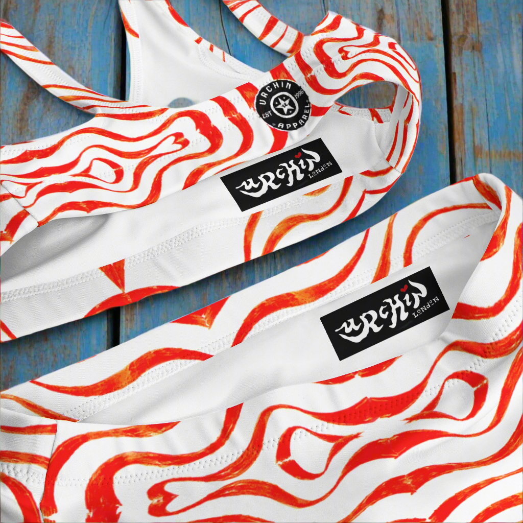 URCHIN Swimwear. 'TATTOO WAVE' Red. Recycled high-waisted bikini. Choice of Sizes.