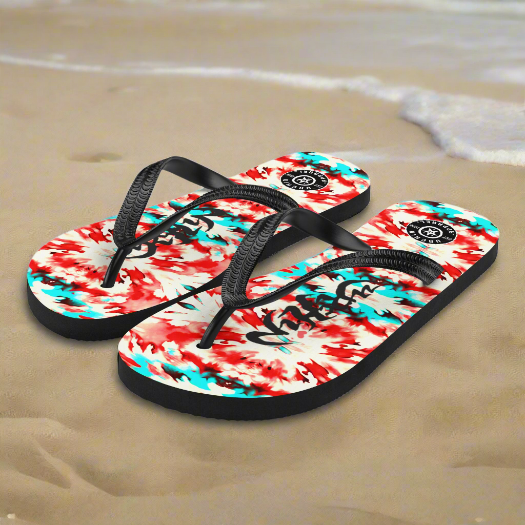 URCHIN Footwear. 'CORAL SEA' Red and Blue Tie Dye. Unisex Flip-Flops. Choice of Sizes.