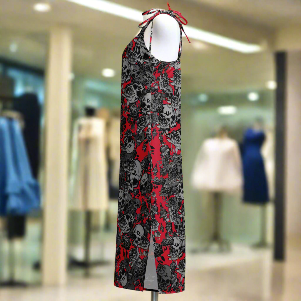 DARK URCHIN-'U Skull Storm' Skulls, Hearts Daggers, & Roses Tattoo Design. Tie-strap midi dress. Colour 'Grape'(Red) Choice of Sizes.