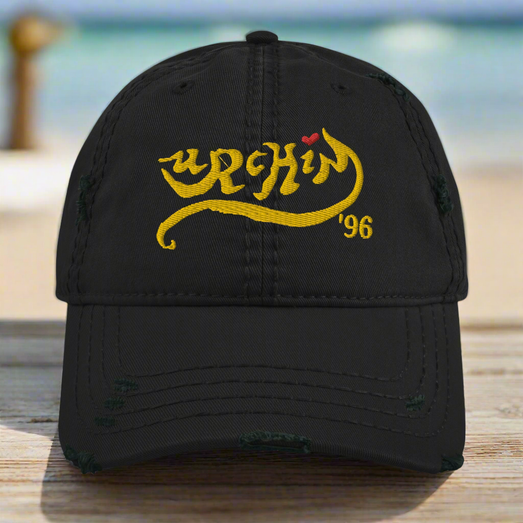 URCHIN Headwear 'Urchin 96' Logo- Baseball Cap. Gold Logo. Lightly Distressed. Embroidered front and side Design. Choice of Colours.