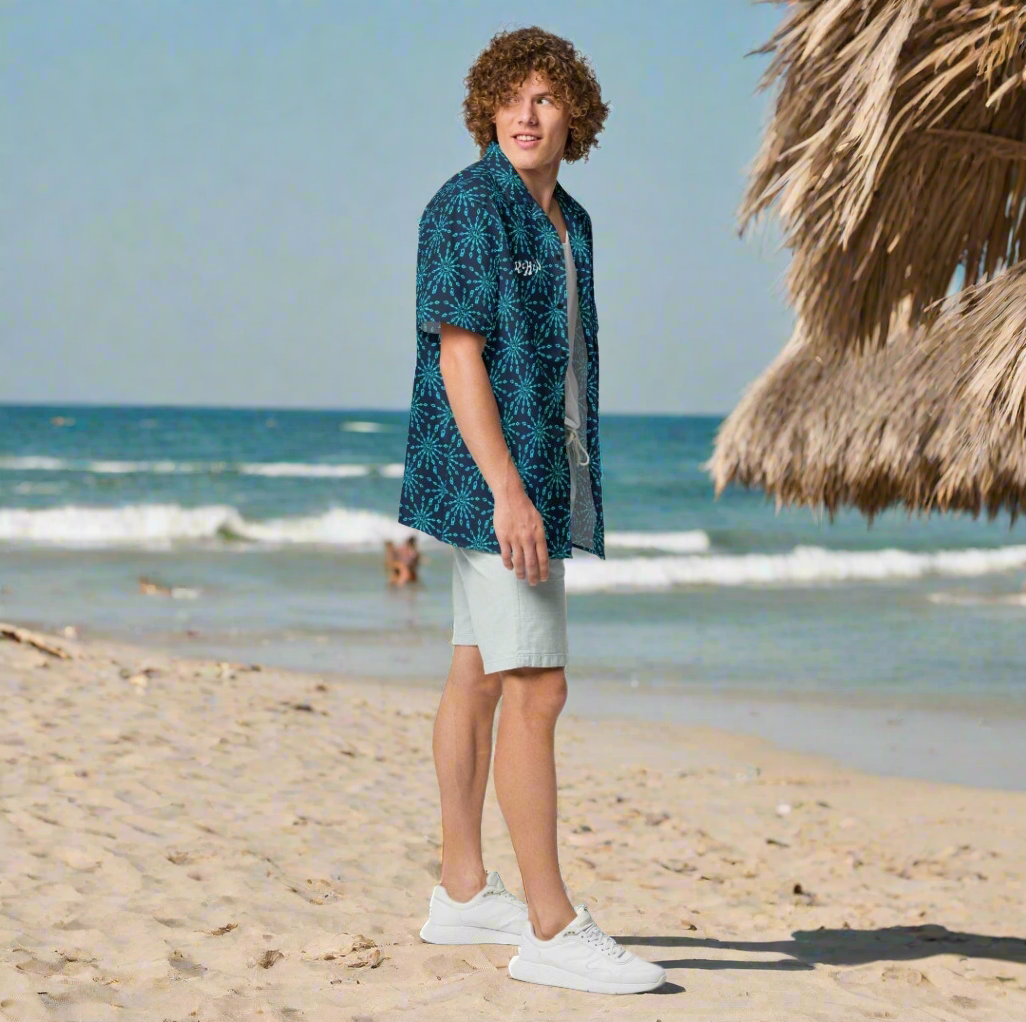 URCHIN 'U FIREWORK'. BLUE/BLUEBERRY Unisex button shirt. Multiple Sizes.