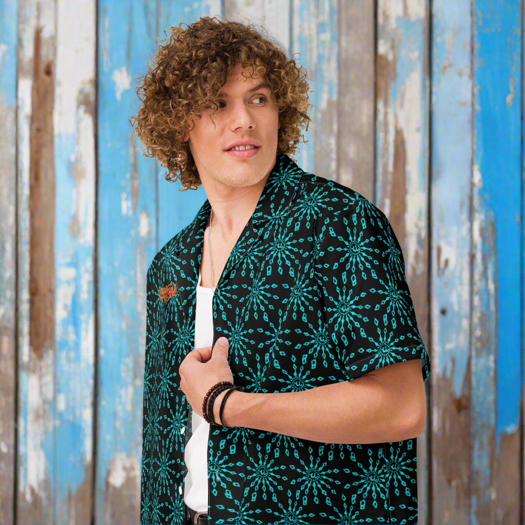 URCHIN 'U FIREWORK'. BLUE/NIGHT Unisex button shirt. Multiple Sizes.