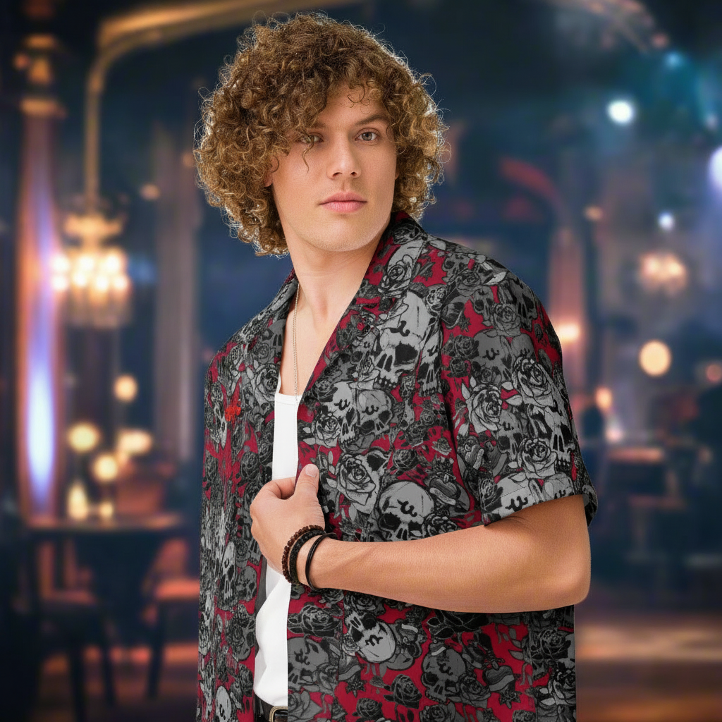 DARK URCHIN-'U Skull Storm' Unisex Shirt. Red Logo. Colour 'Dark Grape' ( Deep Red) Choice of Sizes.