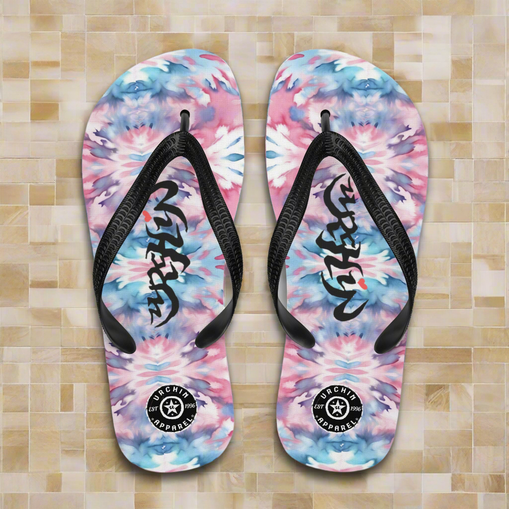URCHIN Footwear. 'CORAL SEA' Pink & Blue Tie Dye. Unisex Flip-Flops. Choice of Sizes.