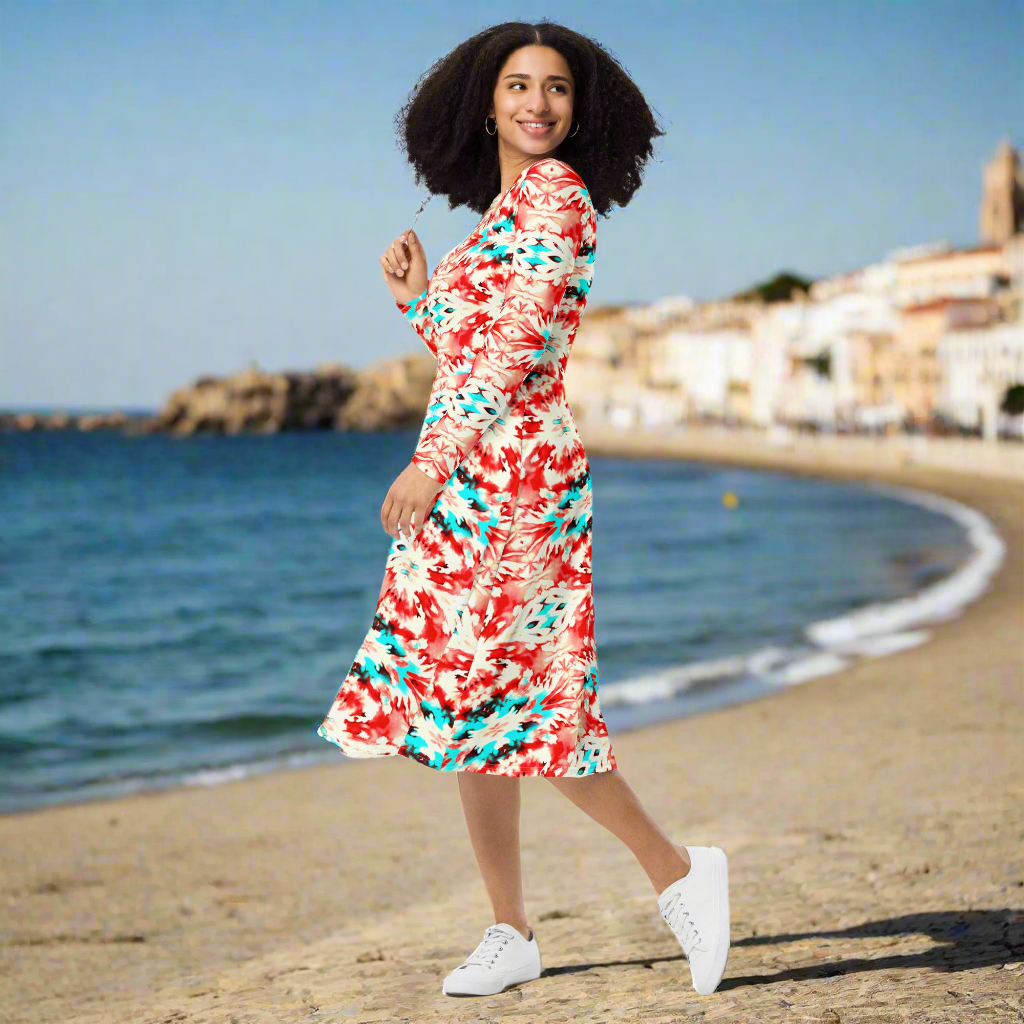 URCHIN Clothes 'CORAL SEA' Red and Blue Tie Dye. Long Sleeve Midi Dress. Choice of Sizes.