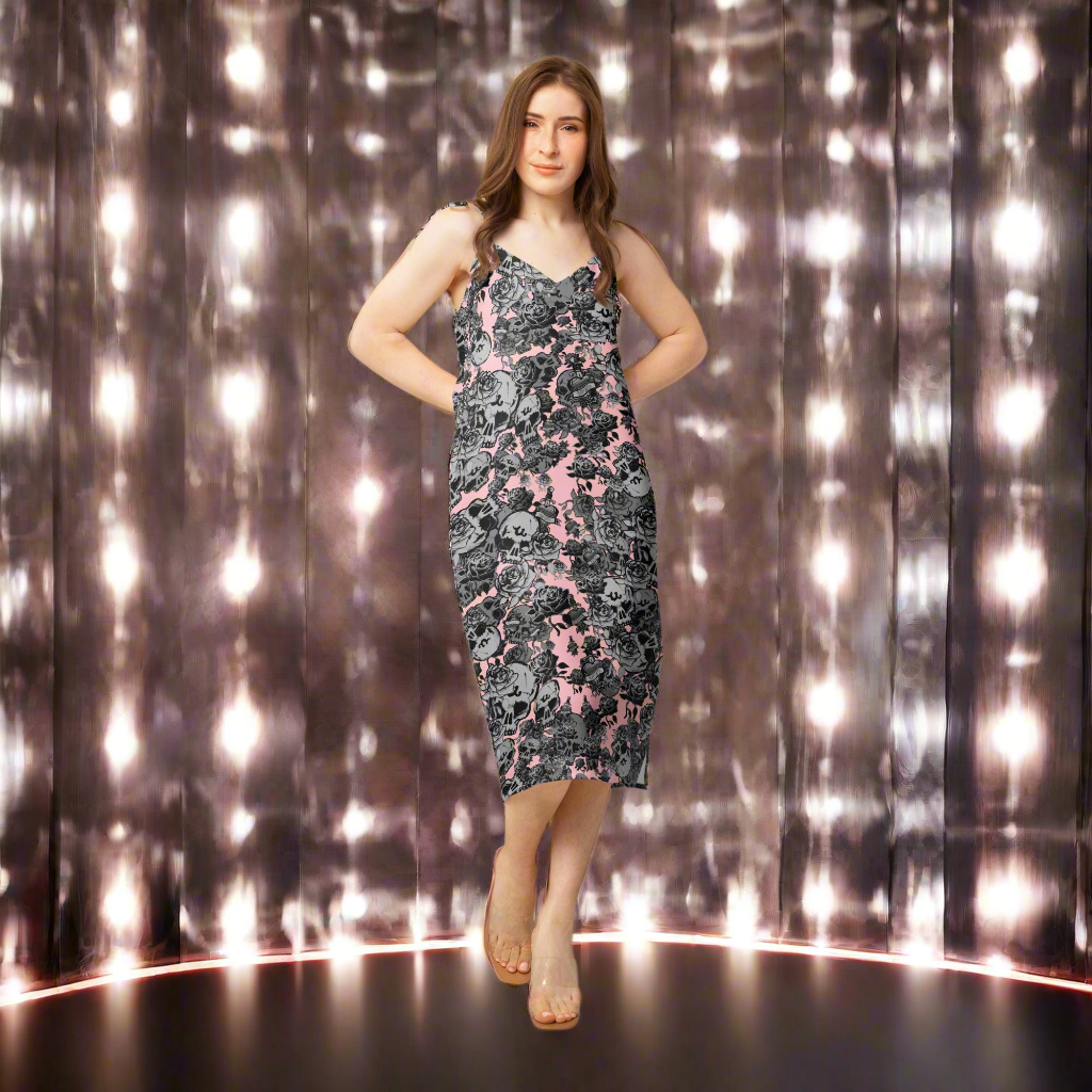 DARK URCHIN-'U Skull Storm' Skulls, Hearts Daggers, & Roses Tattoo Design. Tie-strap midi dress. Colour 'Blush' ( Deep Pink) Choice of Sizes.