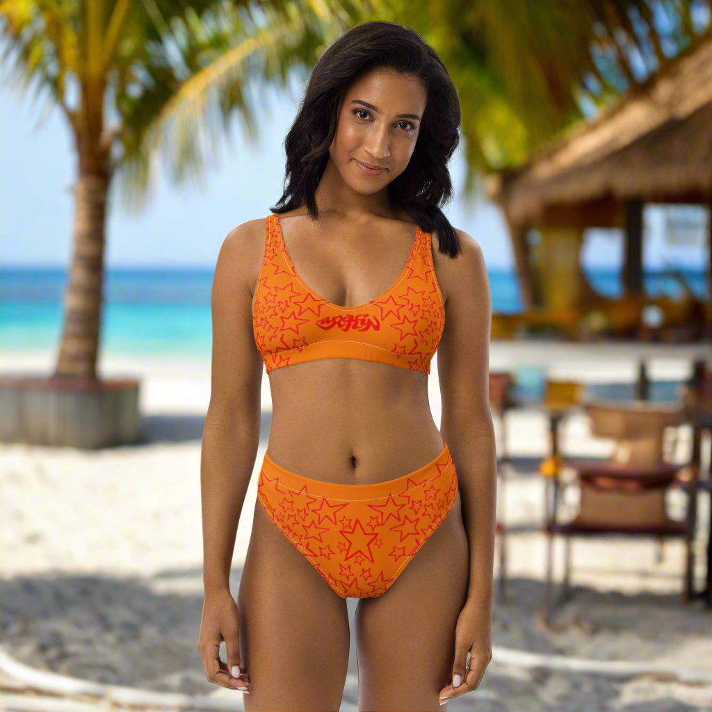URCHIN Clothes & Swimwear. 'U STAR' Red & Orange. Recycled high-waisted bikini. Choice of Sizes.