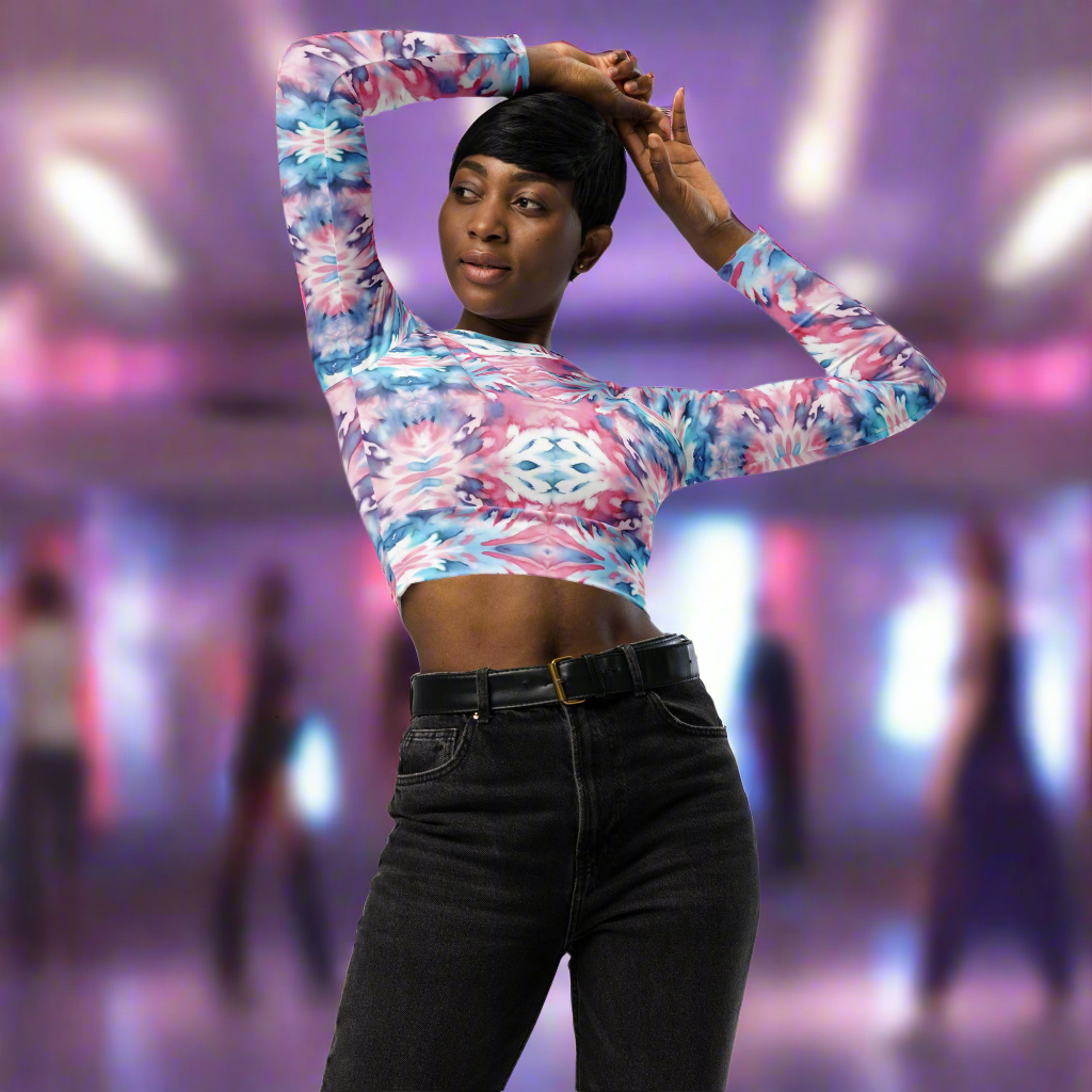 URCHIN Clothes & Sportswear 'CORAL SEA' Pink and Blue Tie Dye. Recycled Long-Sleeve Crop Top. Choice of Sizes.